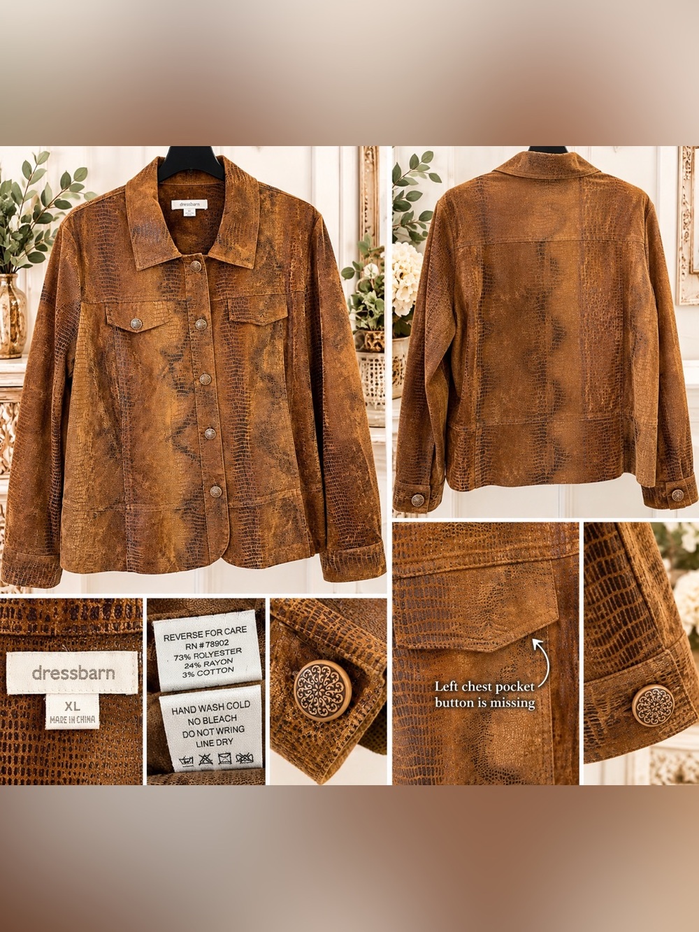Dressbarn XL Faux Suede Croc Texture Brown Jacket Button Front - Picture 2 of 4